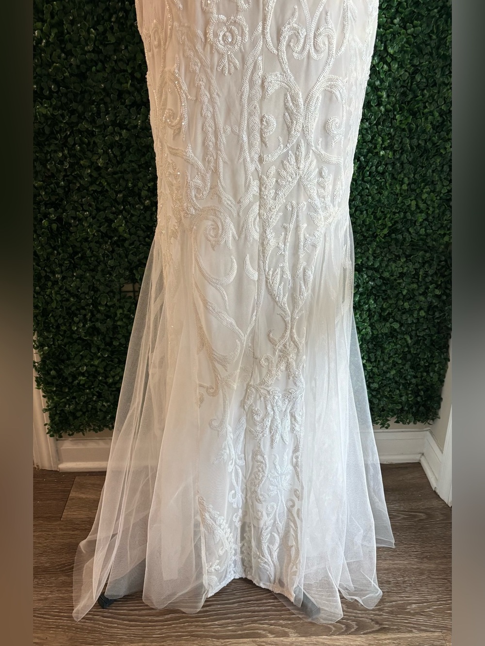 Beaded XL Ivory Mermaid Wedding Dress Art Deco Embroidered Lace Bridal Gown - Picture 5 of 9